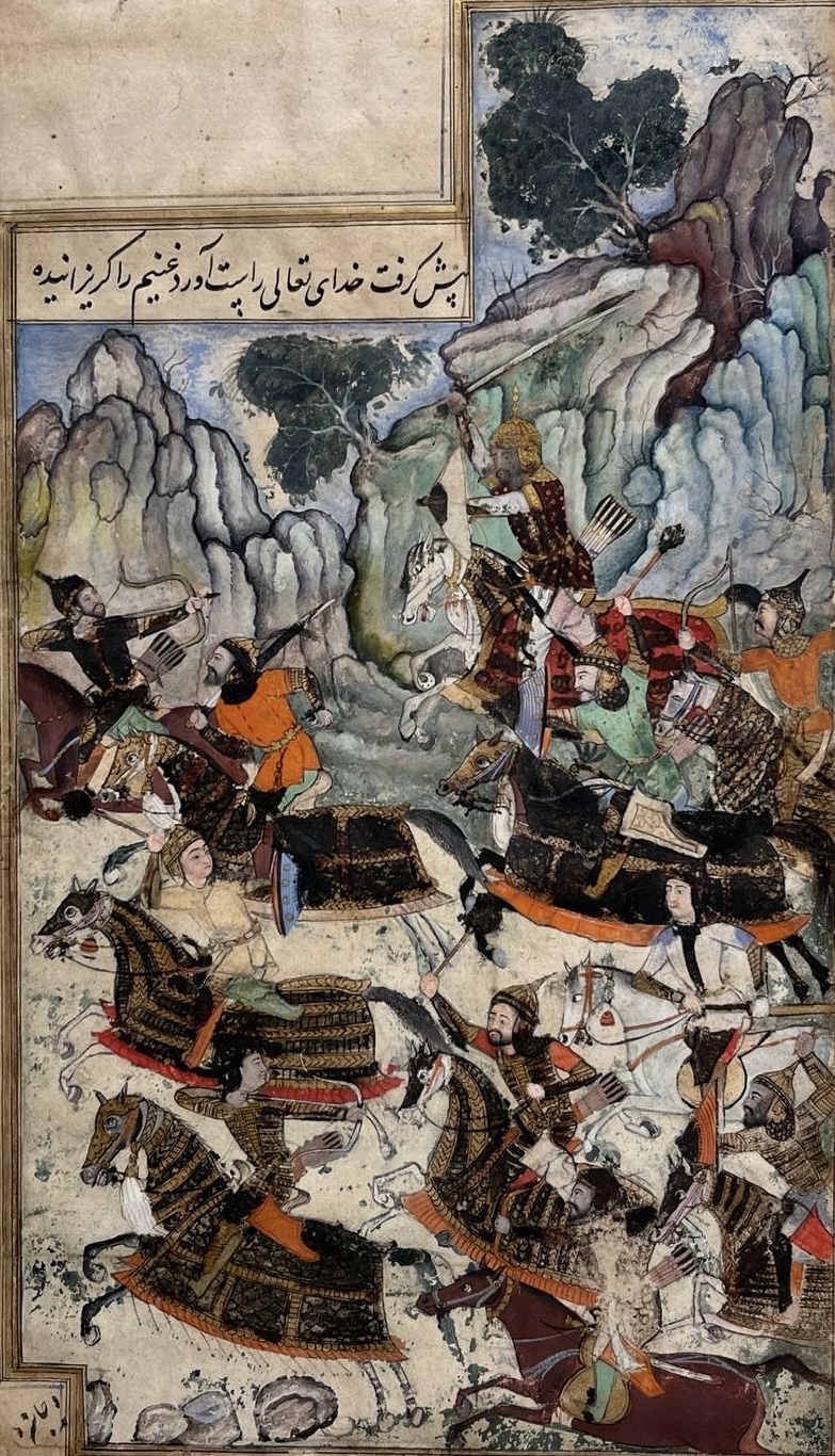 Babur and his men put Shah Beg to flight at the end of a battle for Kandahar -Illustration from the South Kensington Baburnama.