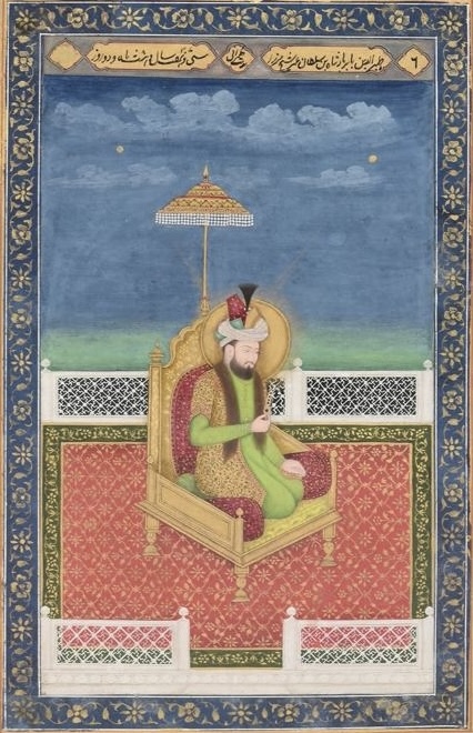Portrait of Babur - from a loose Indian courtly album with enthroned portraits of Mughal Emperors and their ancestors